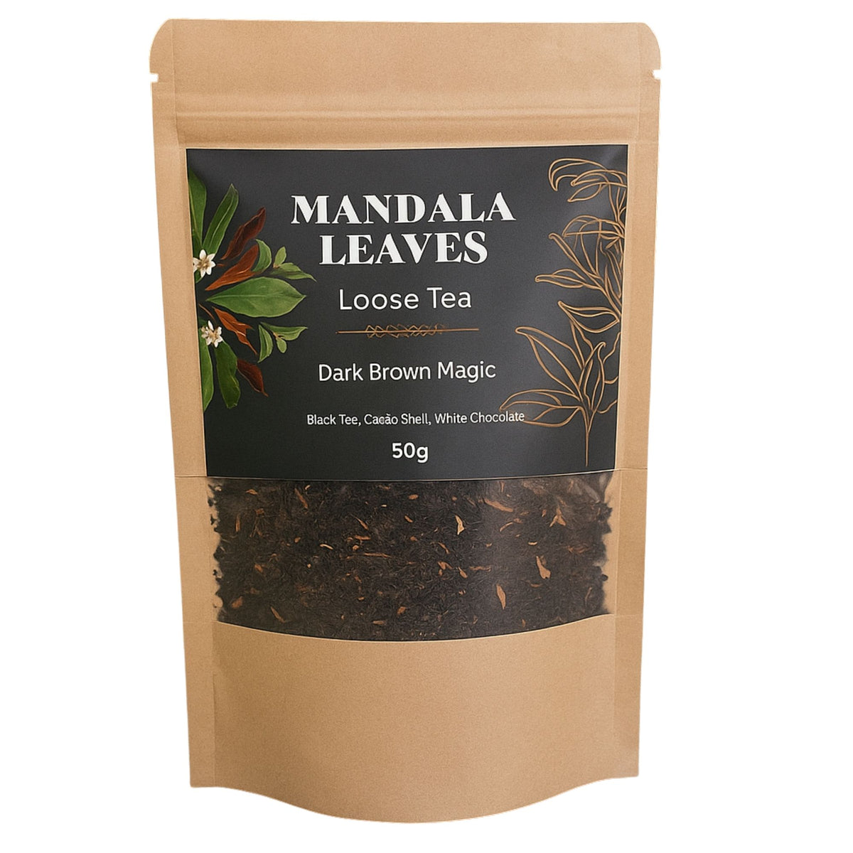 Dark Brown Magic 50g loose leaf black tea blend with cocoa, chocolate and almond in decorative tea tin