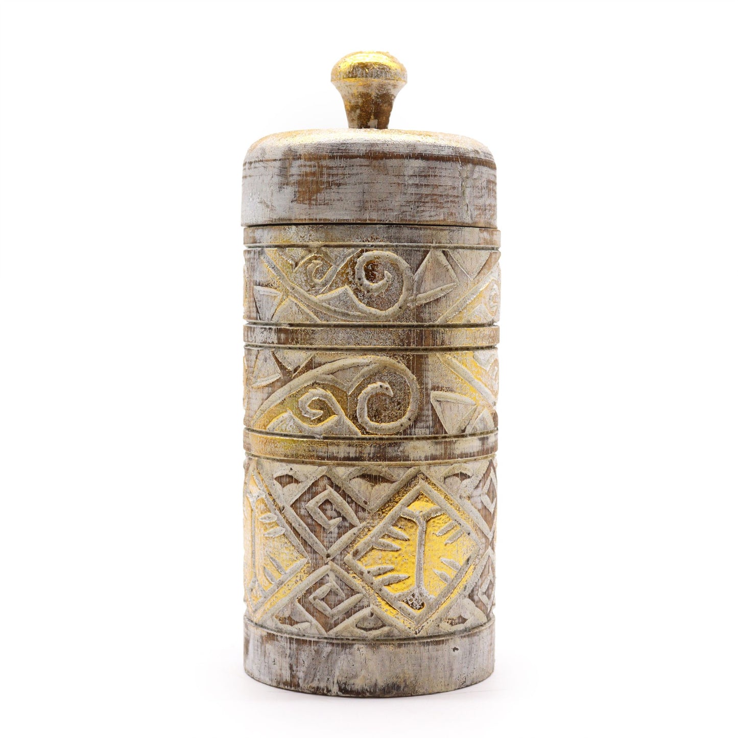 White & Gold tall mango wood jar for tea storage with stylish white finish and gold detailing.