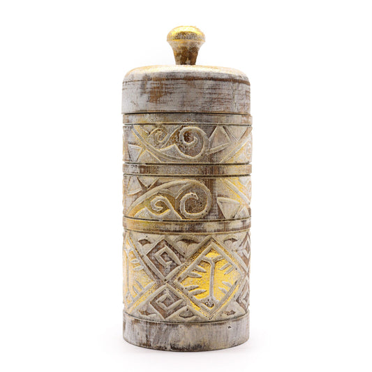 White & Gold tall mango wood jar for tea storage with stylish white finish and gold detailing.
