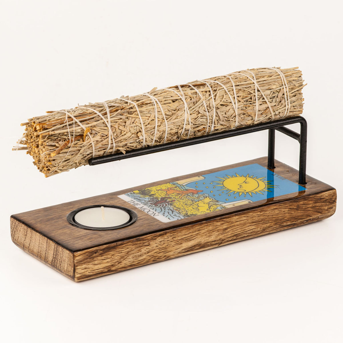 Large enamelled sage stick heater with The Moon tarot design for warming sage bundles during spiritual rituals UK