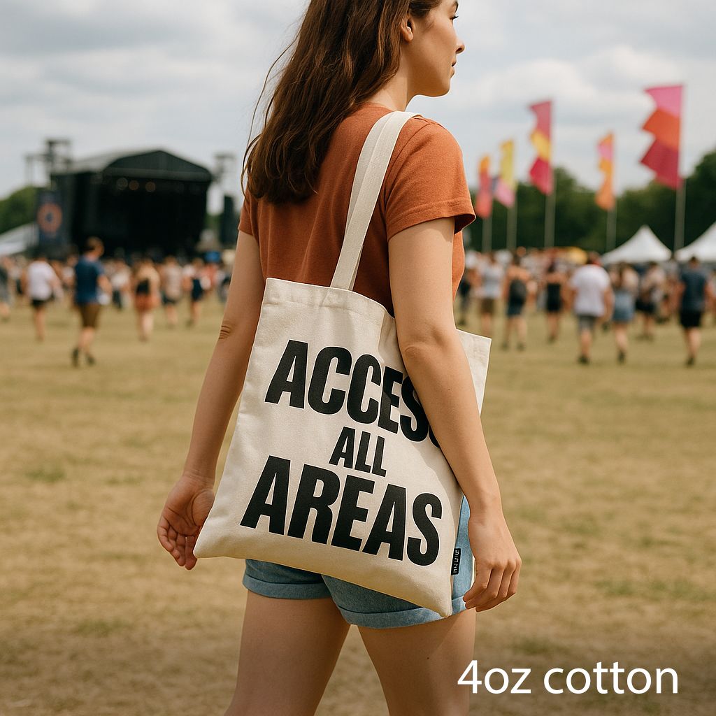 Access All Area natural 4oz cotton tote bag with bold inspirational slogan.