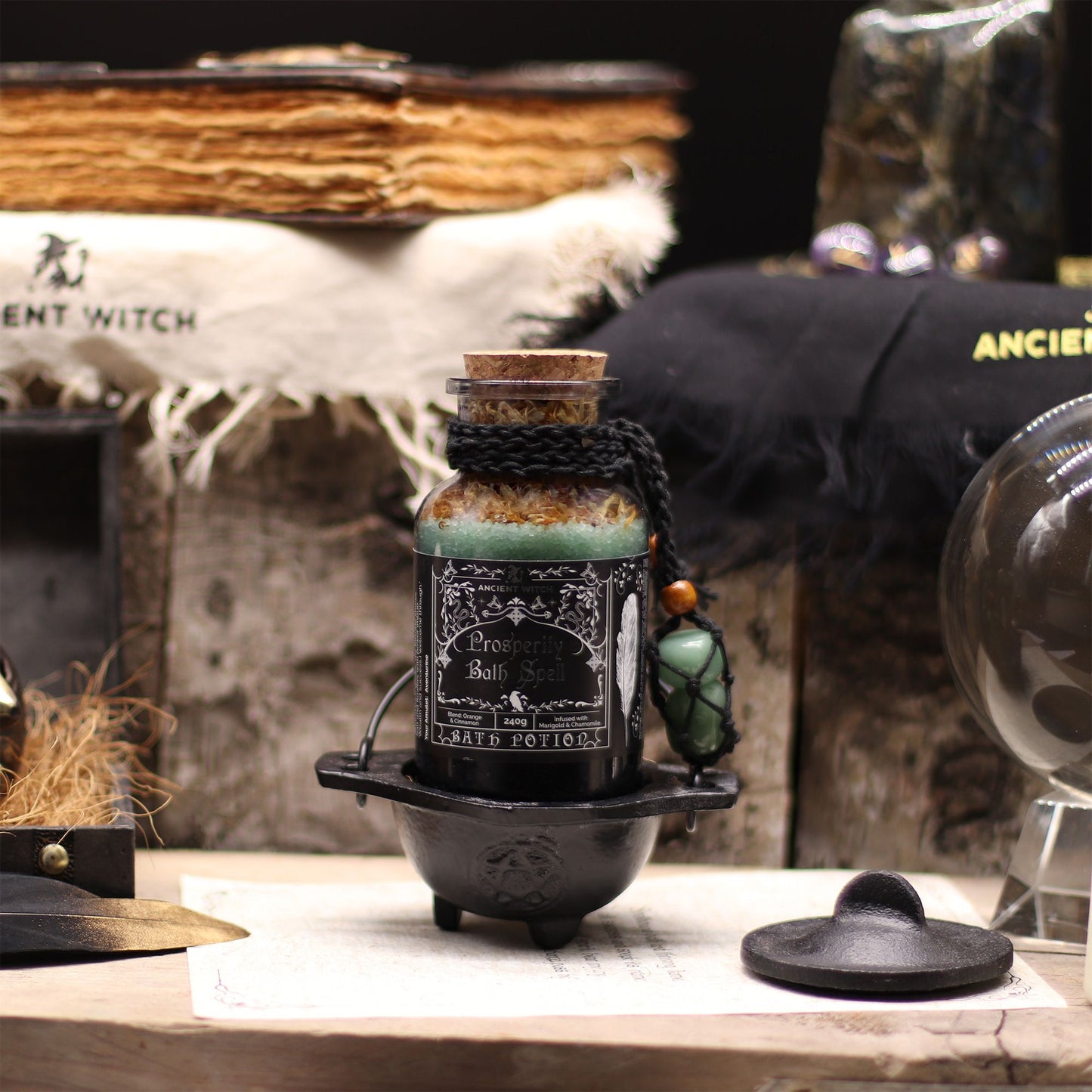 Ancient Witch Bath Spell Potion & Aventurine Crystal Amulet - Prosperity