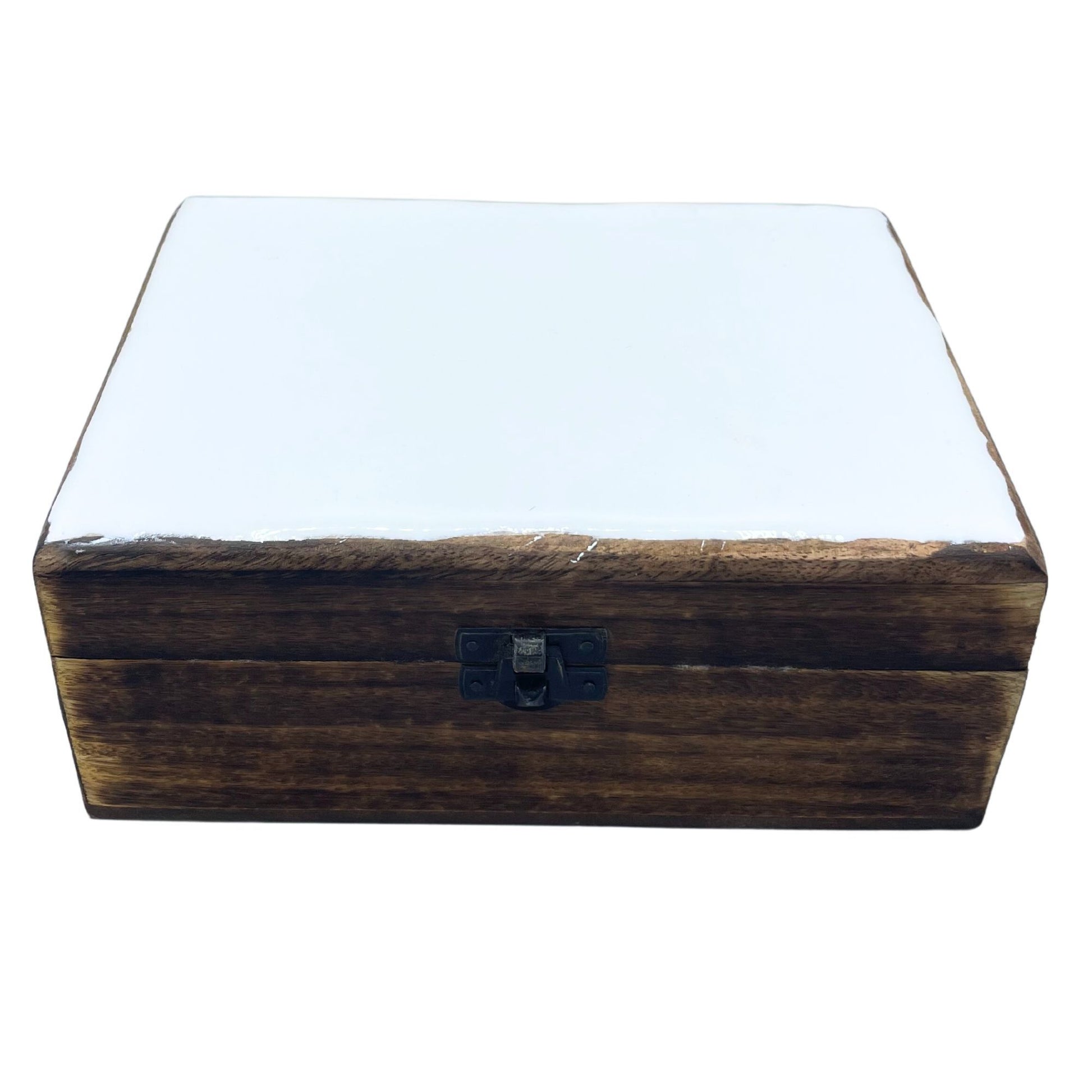 Large handcrafted mango wooden box with a white glazed ceramic lid for jewellery and keepsakes.