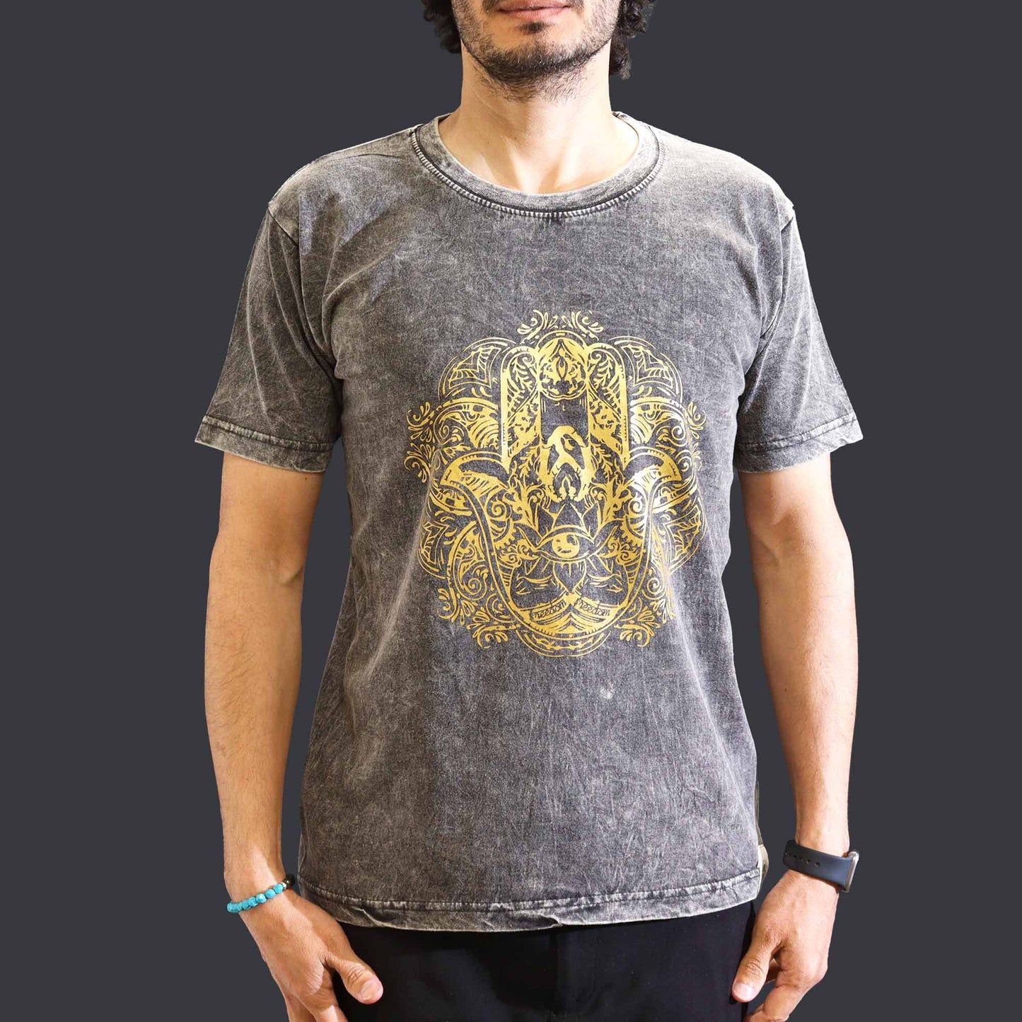 Medium stone washed dark grey Hamsa spiritual t-shirt
