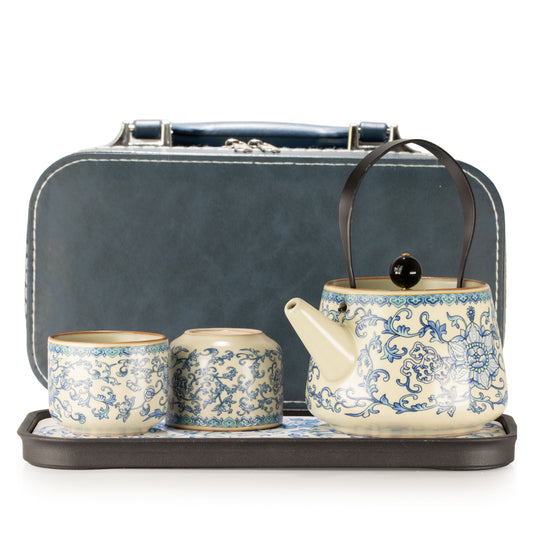 China Ru Blue travel teapot set with matching blue teapot and two tea cups