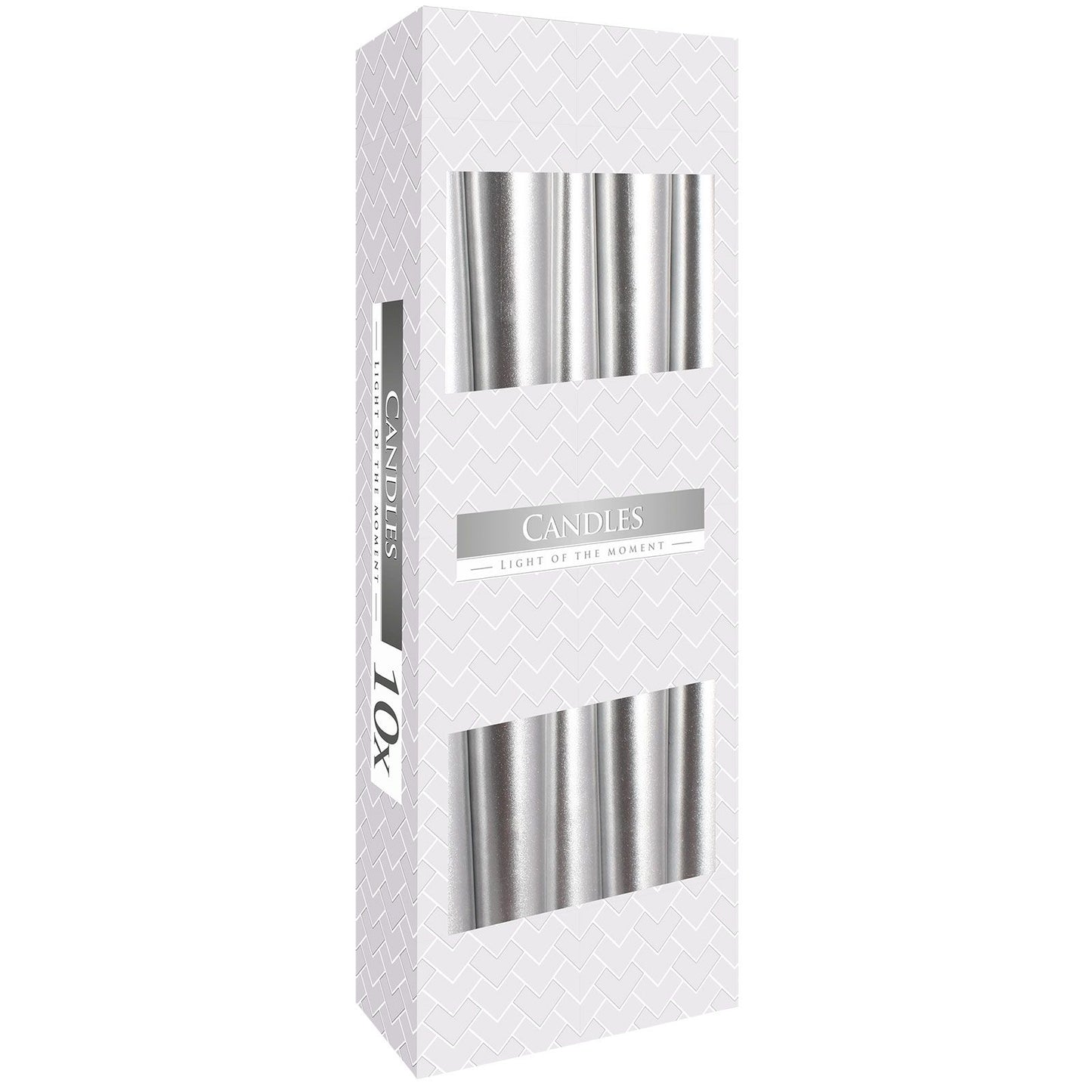 Metallic silver taper candle 24.5cm paraffin wax ritual candle with approx 7 hour burn time