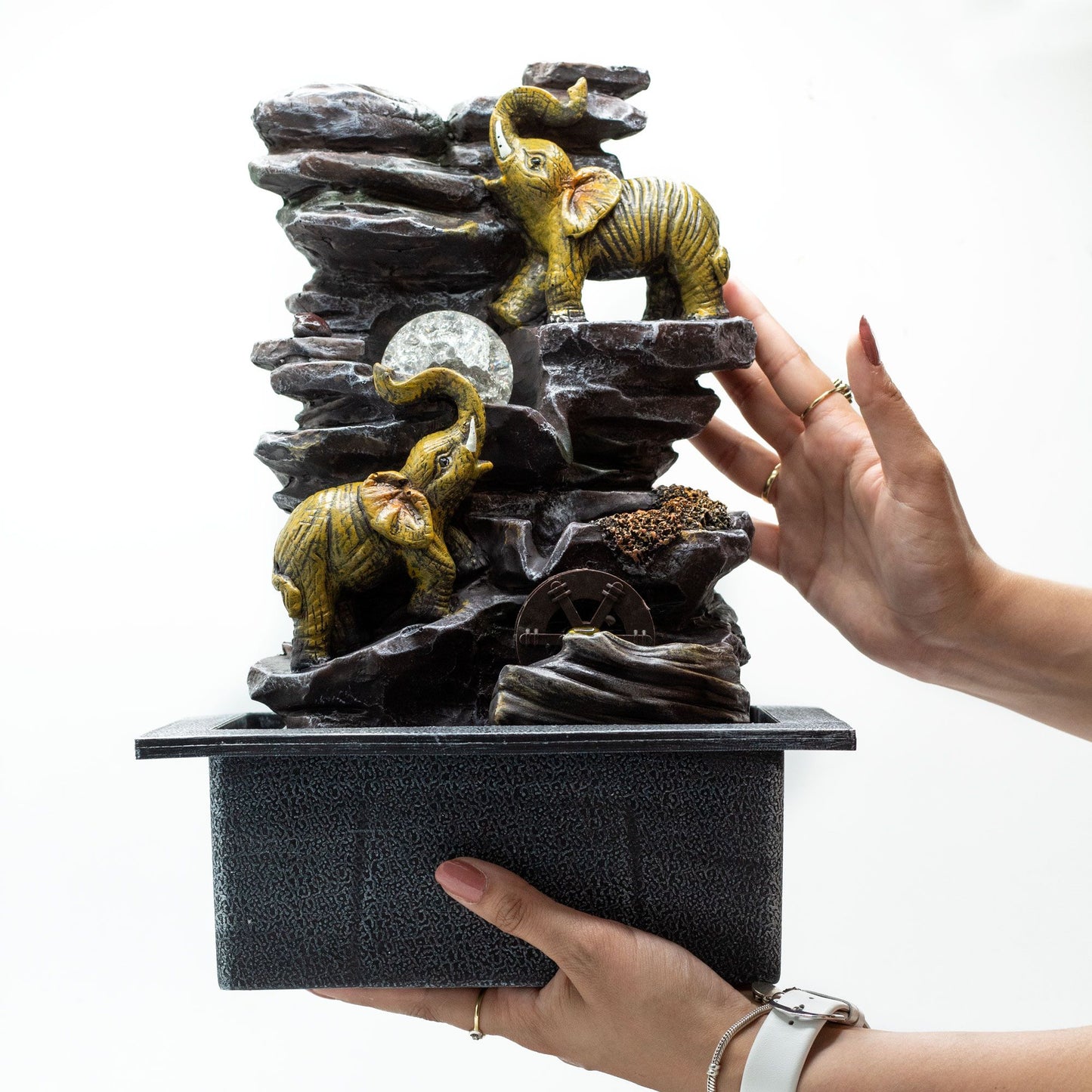 Elephants with Crystal Ball & Water Wheel Tabletop Water Feature