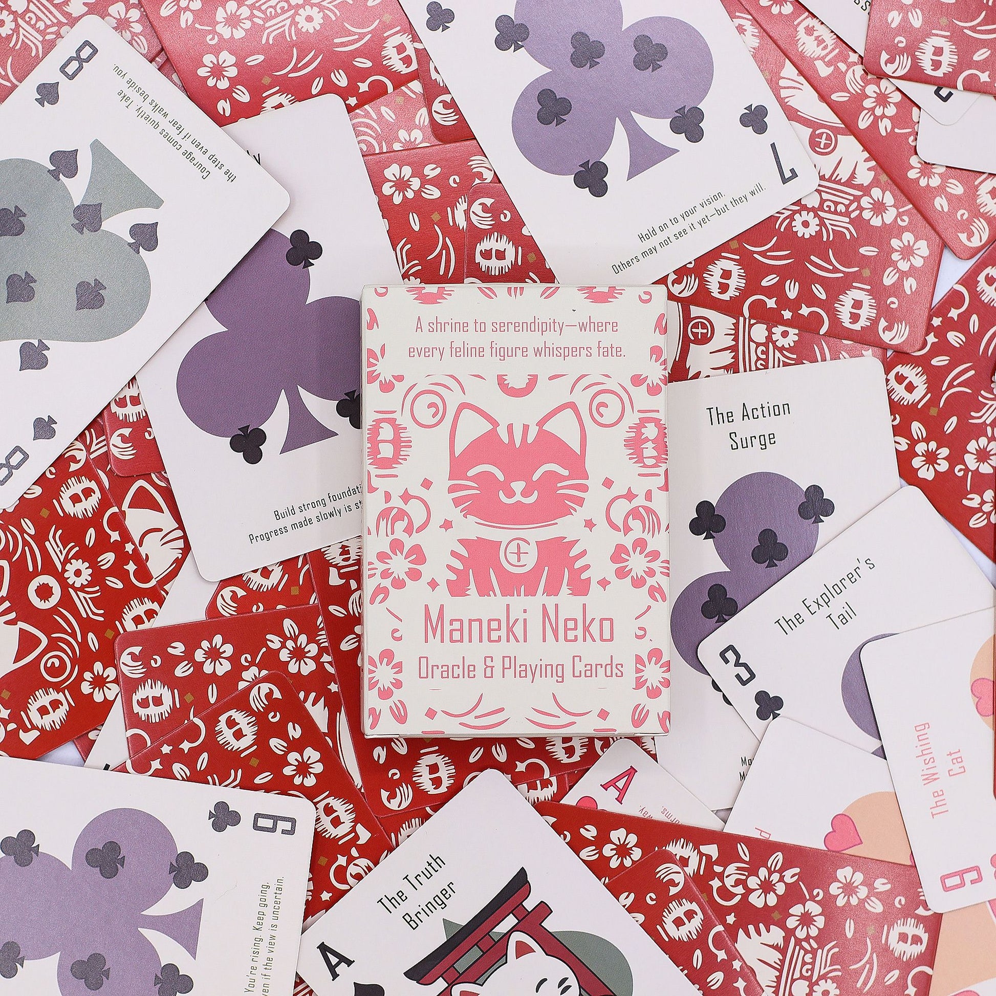 Fortune Cats Playing & Oracle Cards – Maneki Neko deck, 54-card set with lucky cat art, ideal for games or oracle readings.