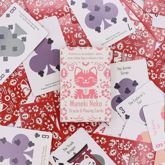 Fortune Cats Playing & Oracle Cards – Maneki Neko deck, 54-card set with lucky cat art, ideal for games or oracle readings.