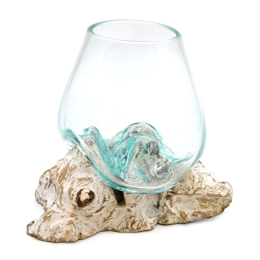 Large whitewash molten glass bowl shaped over pale gamal wood for plants floating candles and boho home décor UK