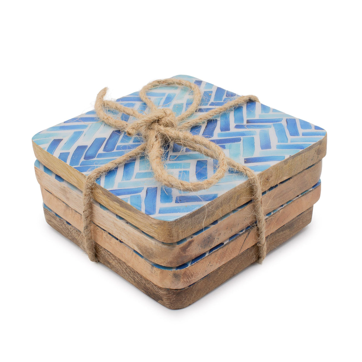 Four square mango wood coasters with handcrafted blue striped designs