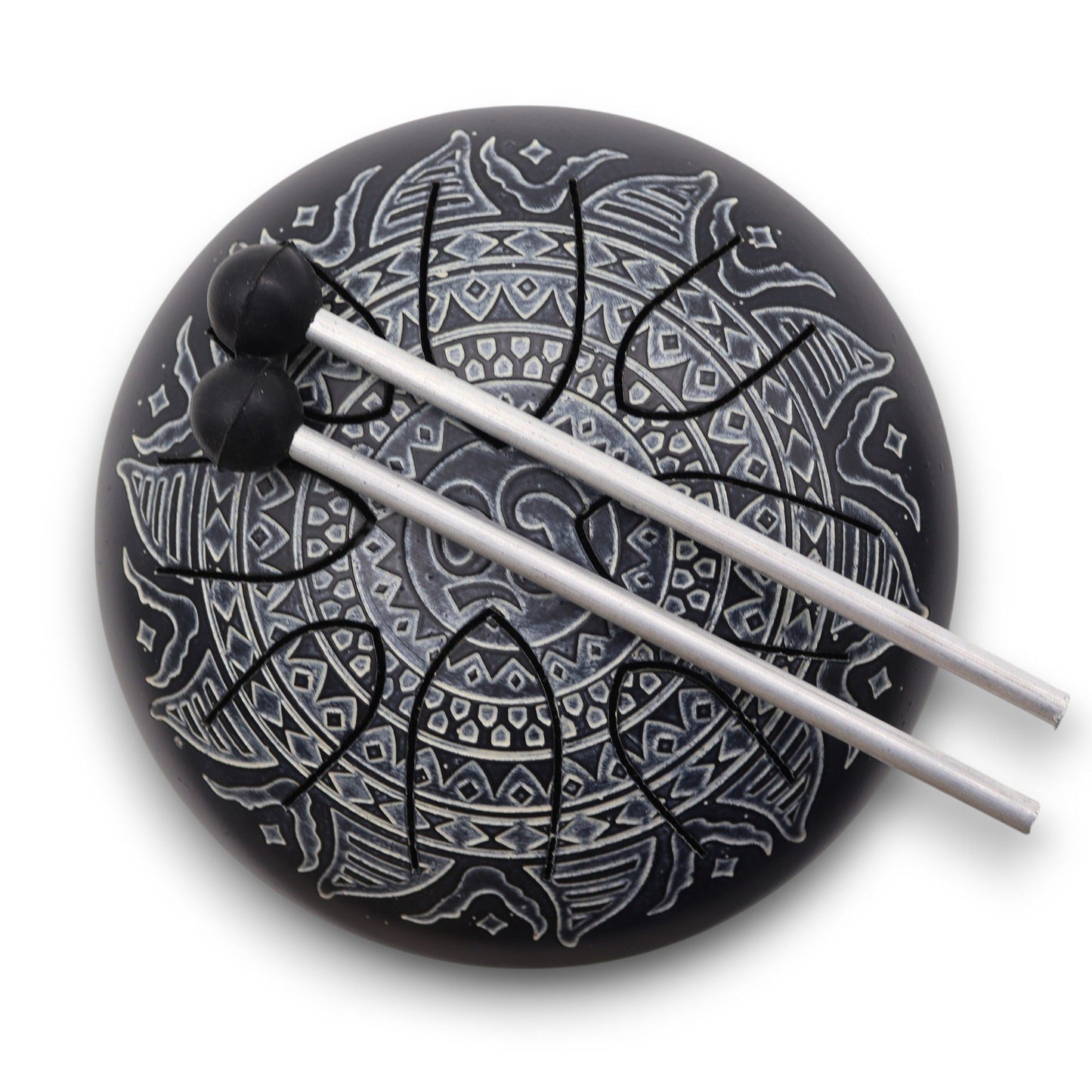 Hapi Drum Om Mandala Engraved 16cm – 8-tone steel tongue drum with engraved om mandala design, includes mallets and carry bag