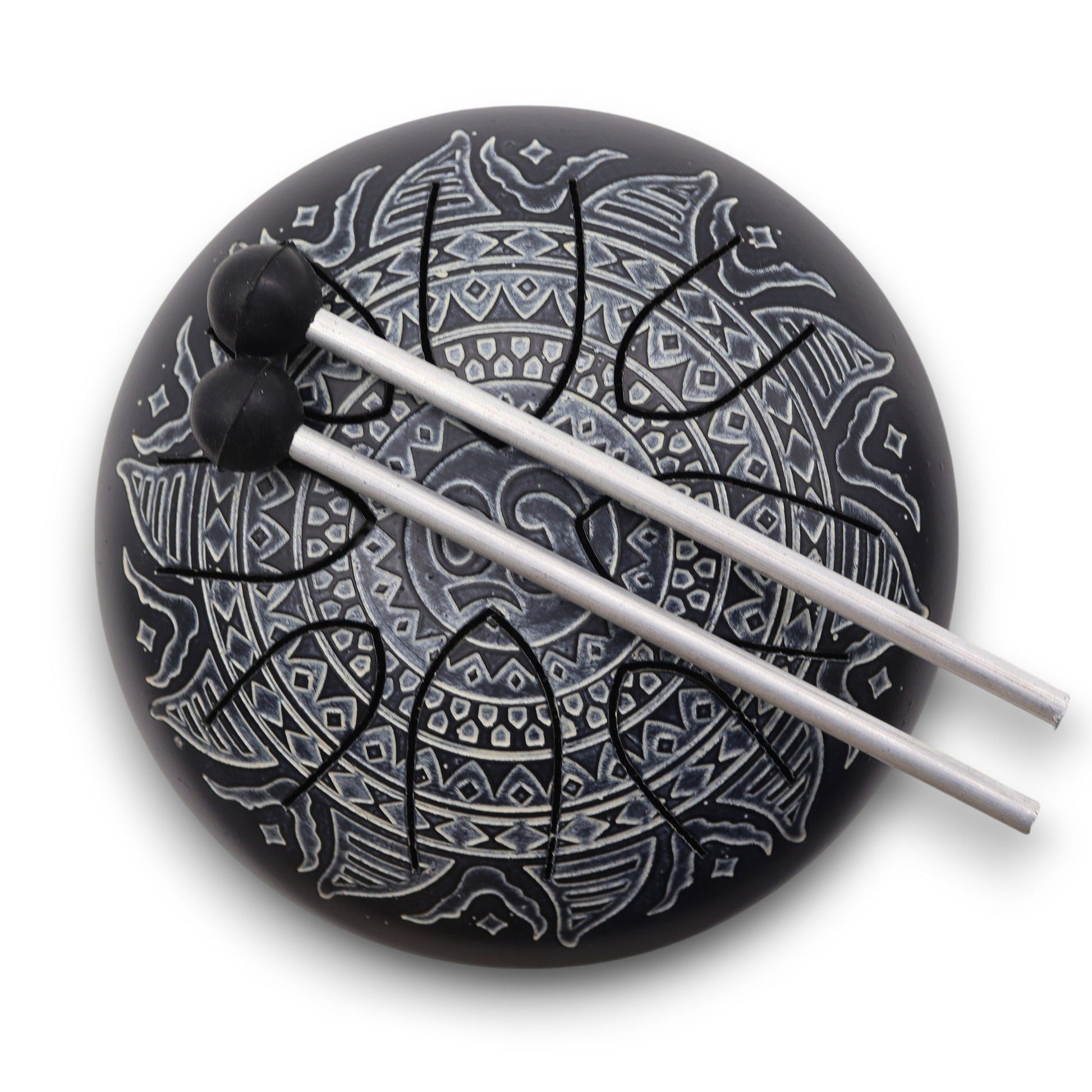 Hapi Drum Om Mandala Engraved 16cm – 8-tone steel tongue drum with engraved om mandala design, includes mallets and carry bag