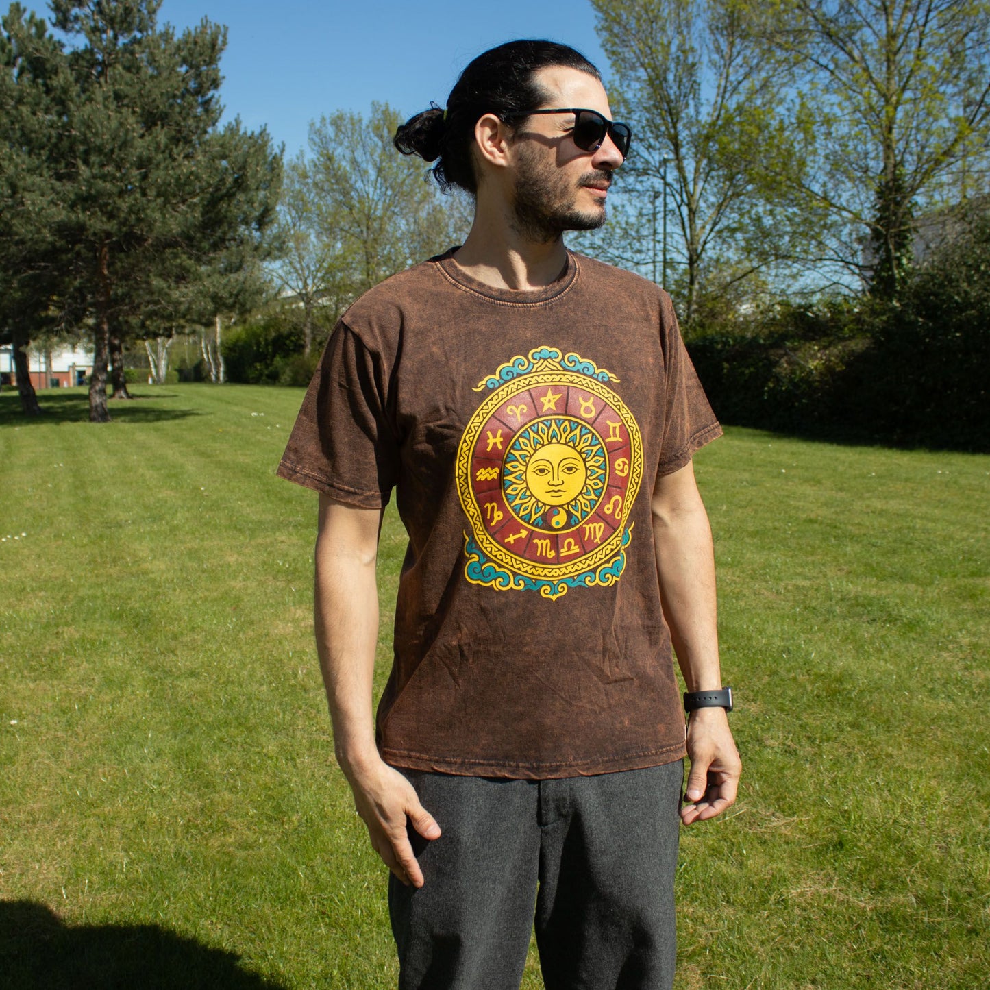 Nomad Sari Stonewashed Cotton T-Shirt - Sun & Zodiac - Brown - Medium