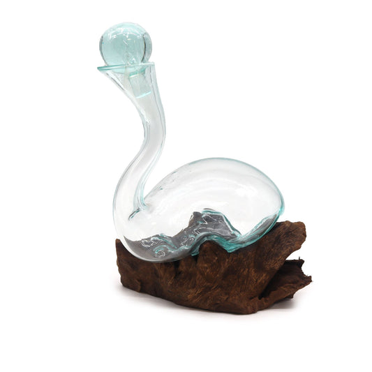 Molten glass wine decanter shaped over natural gamal wood base with 1 litre capacity UK
