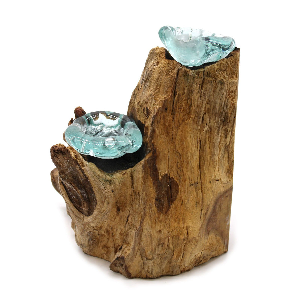 Molten glass double candle holder with two recycled glass vessels on natural Gamal wood for rustic boho home décor UK