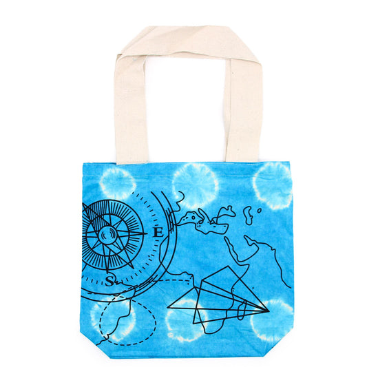 Tye-Dye Cotton Bag  - Compass - Blue - Natural Handle