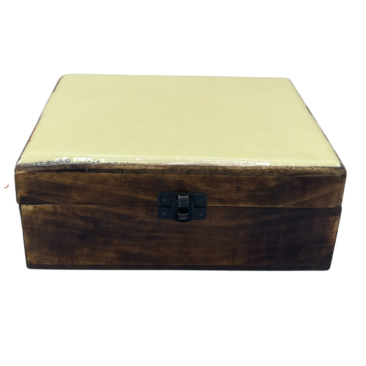 Large handcrafted mango wooden box with a concrete-effect glazed ceramic lid.