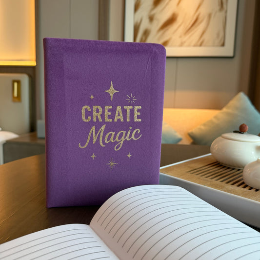 Create Magic Velvet Journal purple cover with motivational text – soft velvet journal for writing and reflection