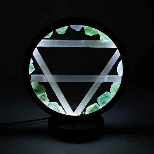 Earth Gemstone Halo Lamp with green aventurine halo and selenite Earth symbol illuminated on metal stand UK