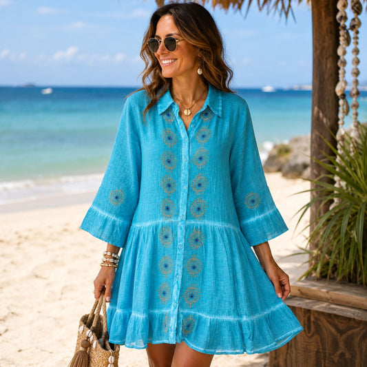 Turquoise L/XL cotton Nomad Sari tunic dress with gold and blue Evil Eye block print and tiered shape