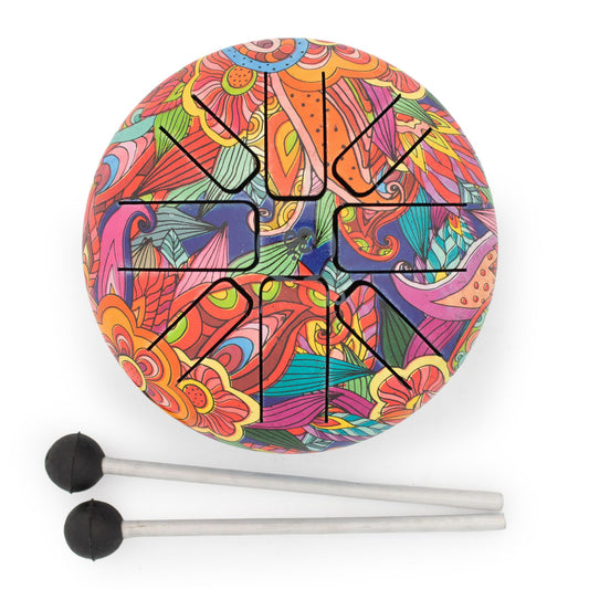Small psychedelic HAPI steel tongue drum with colourful patterned finish, two rubber-tipped mallets and padded woven carry bag
