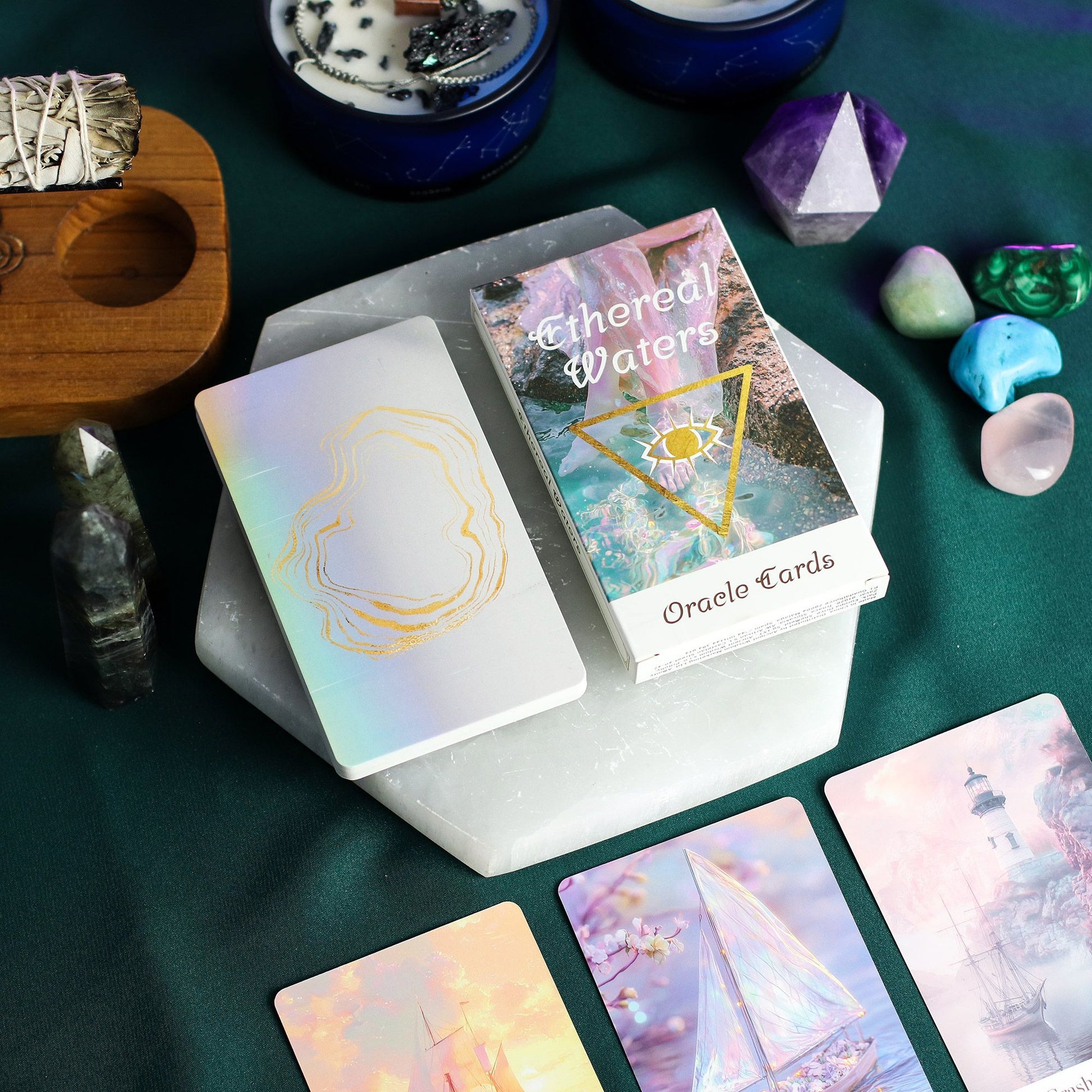 Ethereal Waters Oracle Cards – Sirens & Moonlight, 40-card ocean-inspired oracle deck with pastel artwork for emotional guidance and meditation.