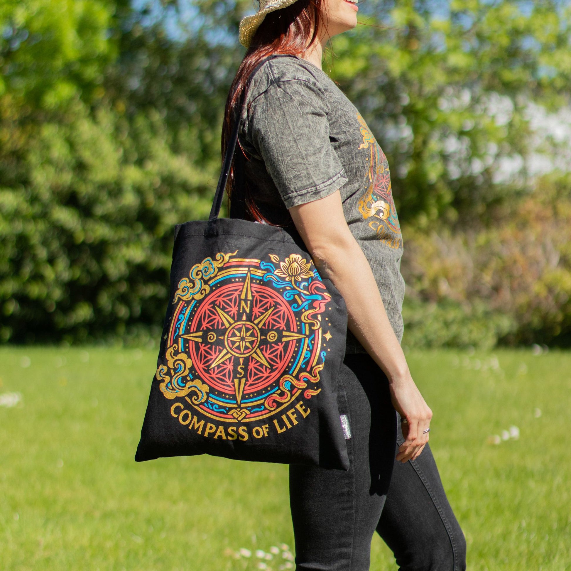 Iconic Classic Compass of Life black 6oz cotton tote bag with symbolic compass artwork.