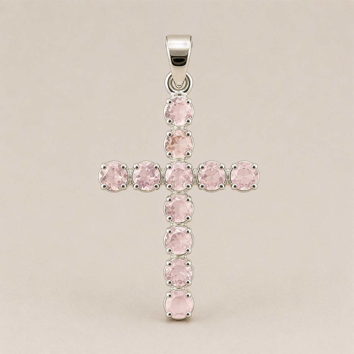 Silver plated Rose Quartz crucifix pendant with polished pink gemstone and 45cm chain for Christian devotional jewellery UK