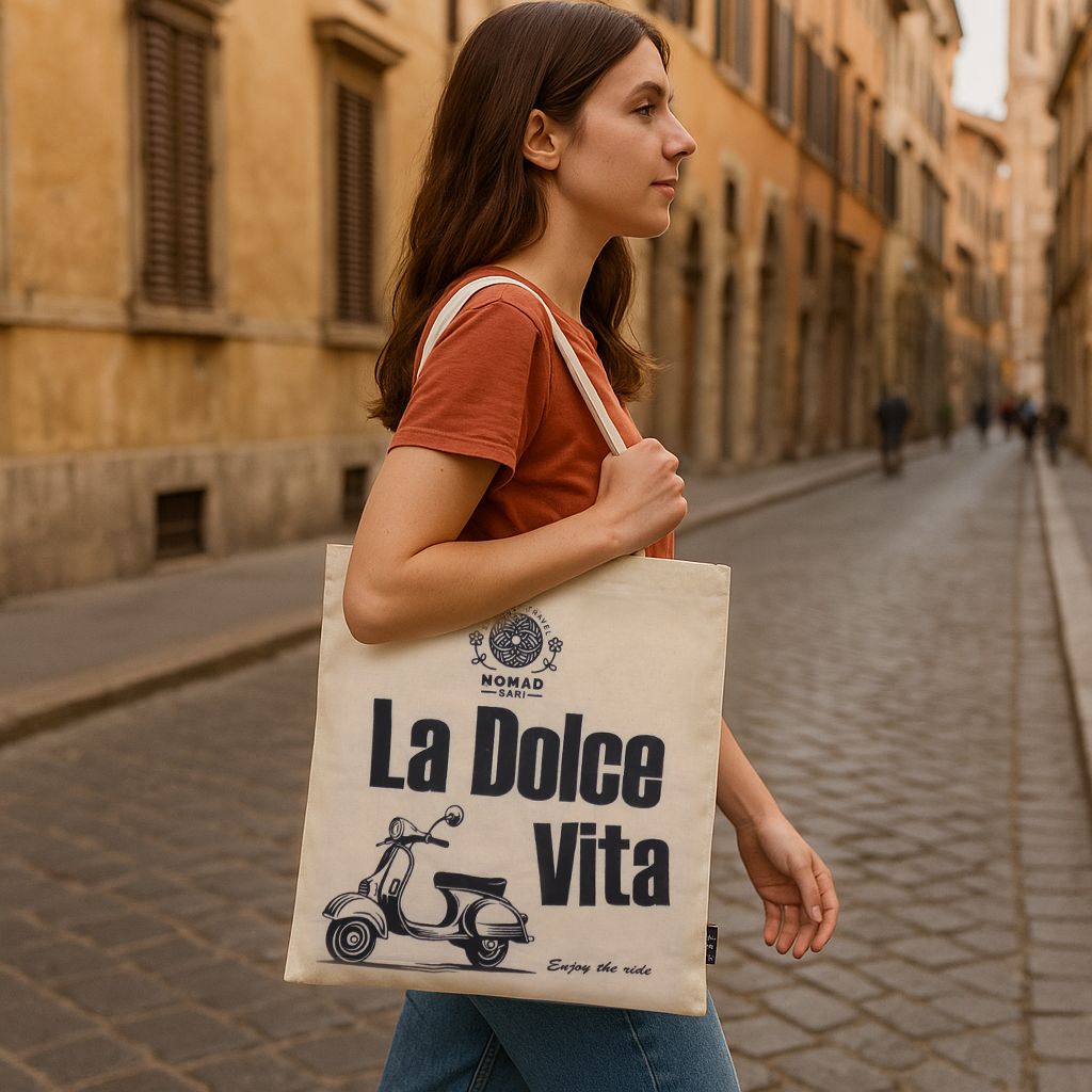 Iconic Basic La Dolce Vita natural 4oz cotton tote bag with Mediterranean-inspired artwork.