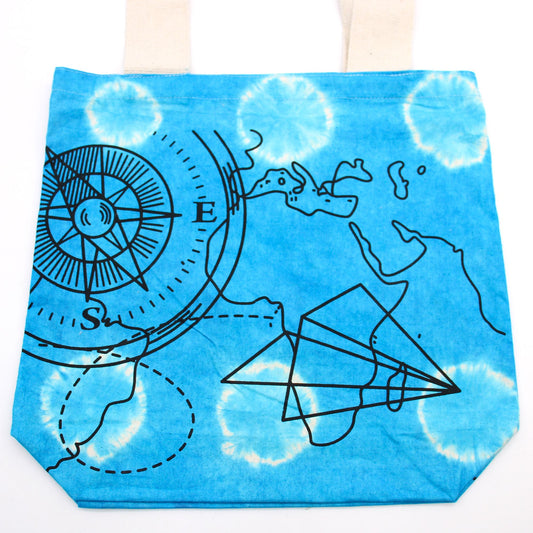 Tye-Dye Cotton Bag  - Compass - Blue - Natural Handle