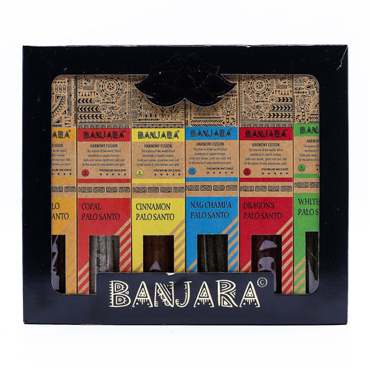 Banjara Palo Santo Smudge Incense Sticks Set of 6 premium Palo Santo incense stick packs for smoke cleansing, meditation, grounding and ritual ambience