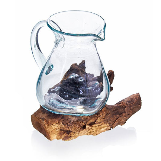 Molten glass water jug shaped over natural gamal wood base with 600ml capacity UK