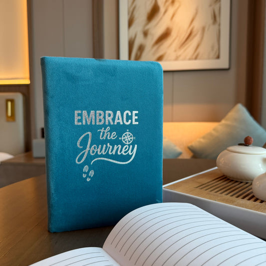 Embrace the Journey Velvet Journal light blue cover with inspirational text – soft velvet journal for writing and reflection