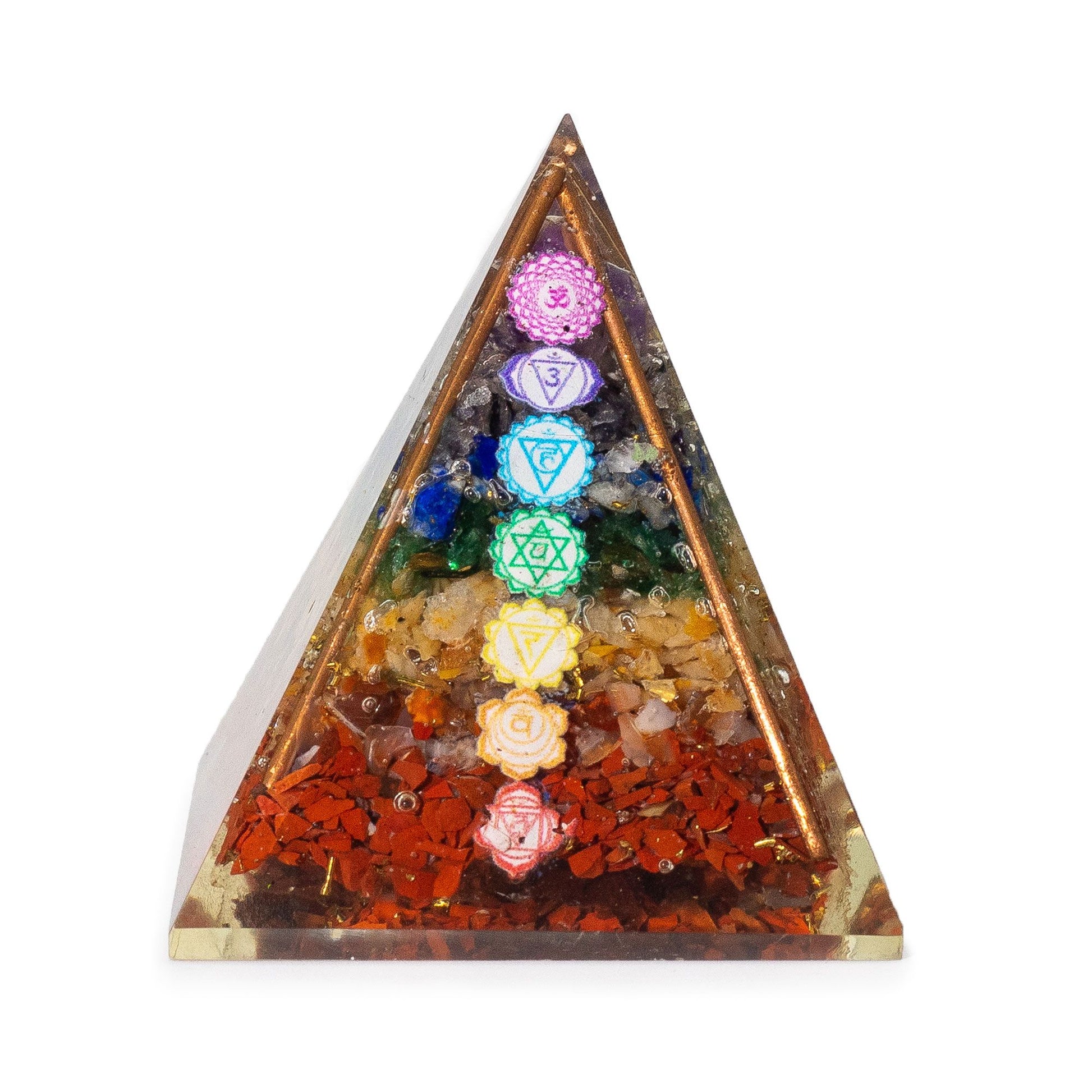 Medium orgonite pyramid with copper bars and seven chakra gemstone chips in handcrafted resin, 7.5 × 6cm.