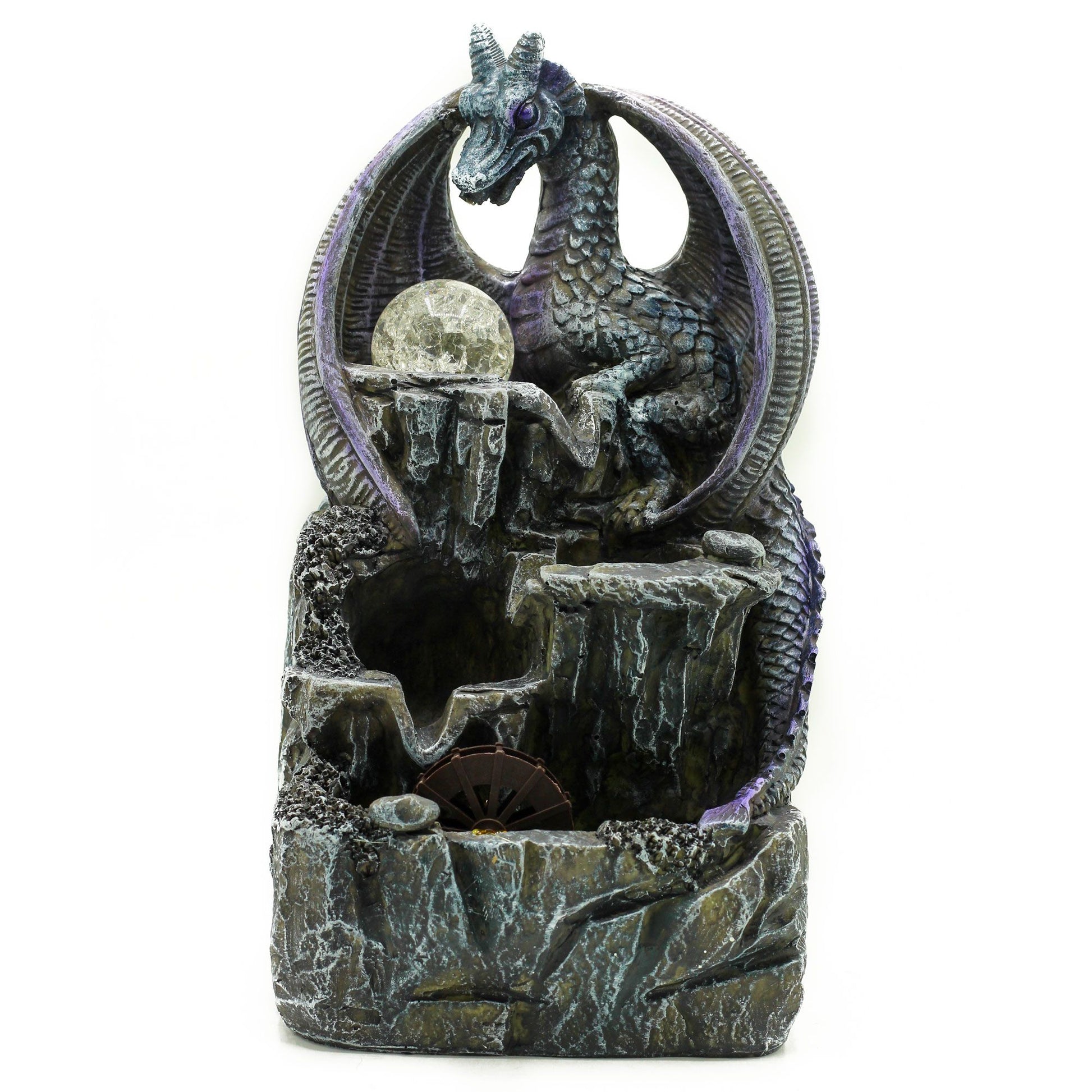 Purple dragon tabletop water feature with crystal ball light and water wheel