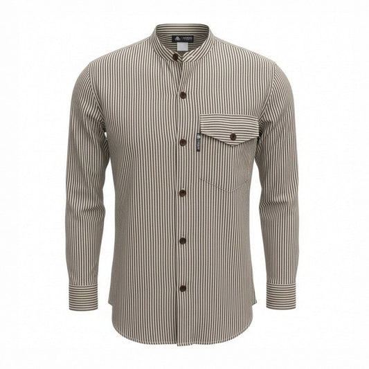 Large Nomad Sari Grandad Shirt in grey and stone cotton with long sleeves, a collarless neckline and relaxed Nepalese styling