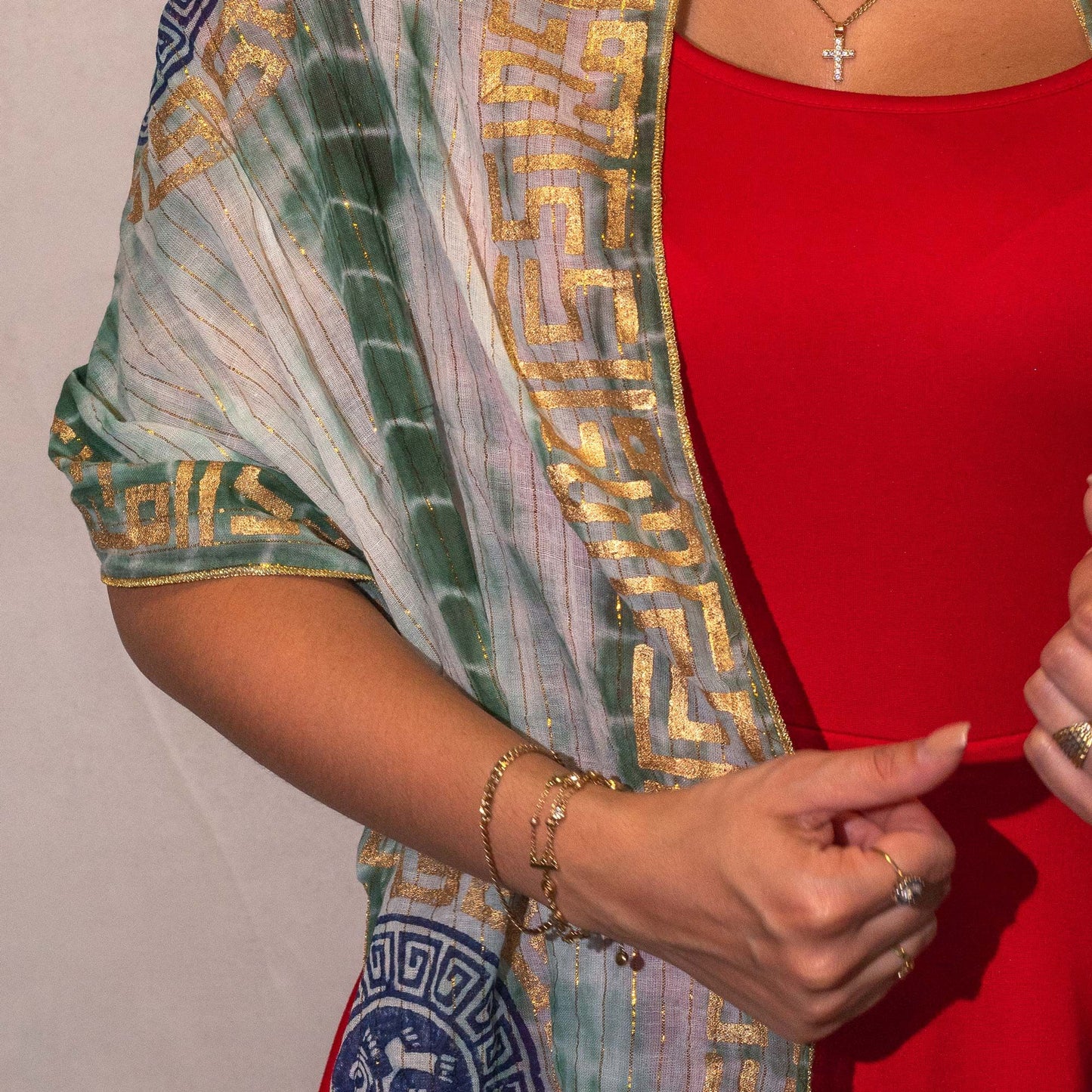 Nomad Sari Summer Marbella Print Scarf - Green with Gold