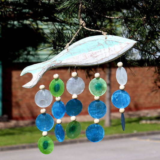 Handmade aqua fish carving windchime with colourful Capiz shell drops.