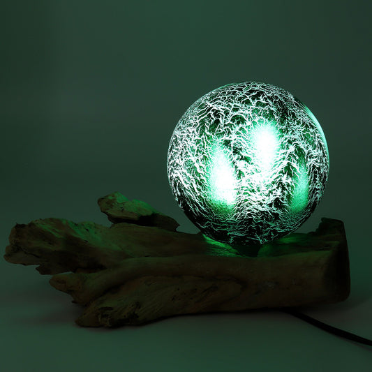 Driftglow Lamp Emerald Crackle Shade – emerald crackled sphere lamp with natural driftwood base for ambient home lighting UK