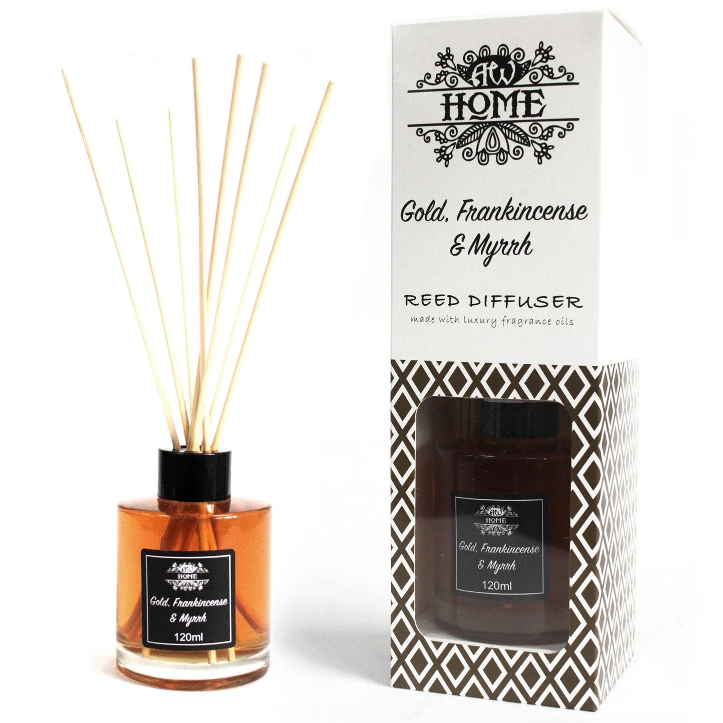 Gold Frankincense and Myrrh reed diffuser 120ml with warm resinous woody fragrance for calming home scent
