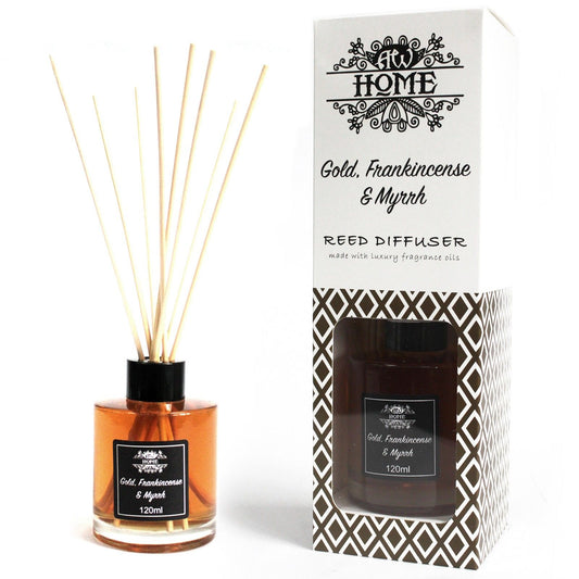 Gold Frankincense and Myrrh reed diffuser 120ml with warm resinous woody fragrance for calming home scent