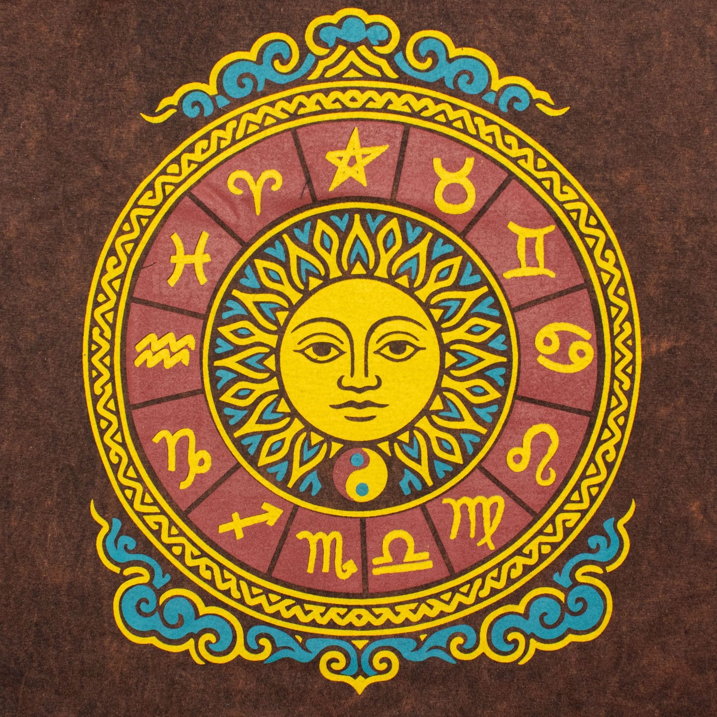Nomad Sari Stonewashed Cotton T-Shirt - Sun & Zodiac - Brown - Medium