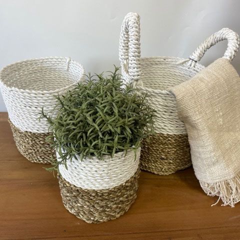 Seagrass basket set natural white – woven eco-friendly storage baskets for boho home organisation