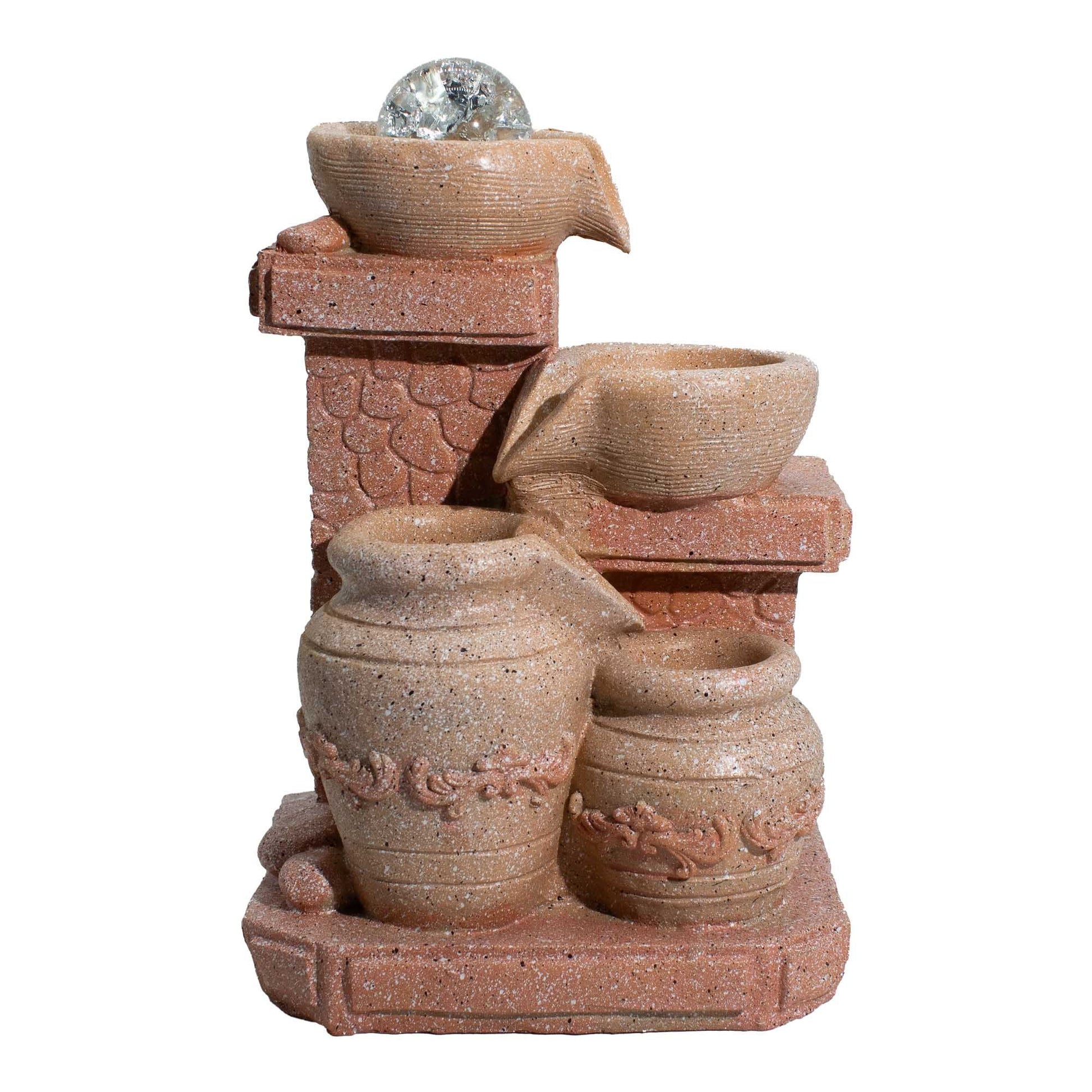 Mediterranean cascading pots tabletop water feature with flowing water