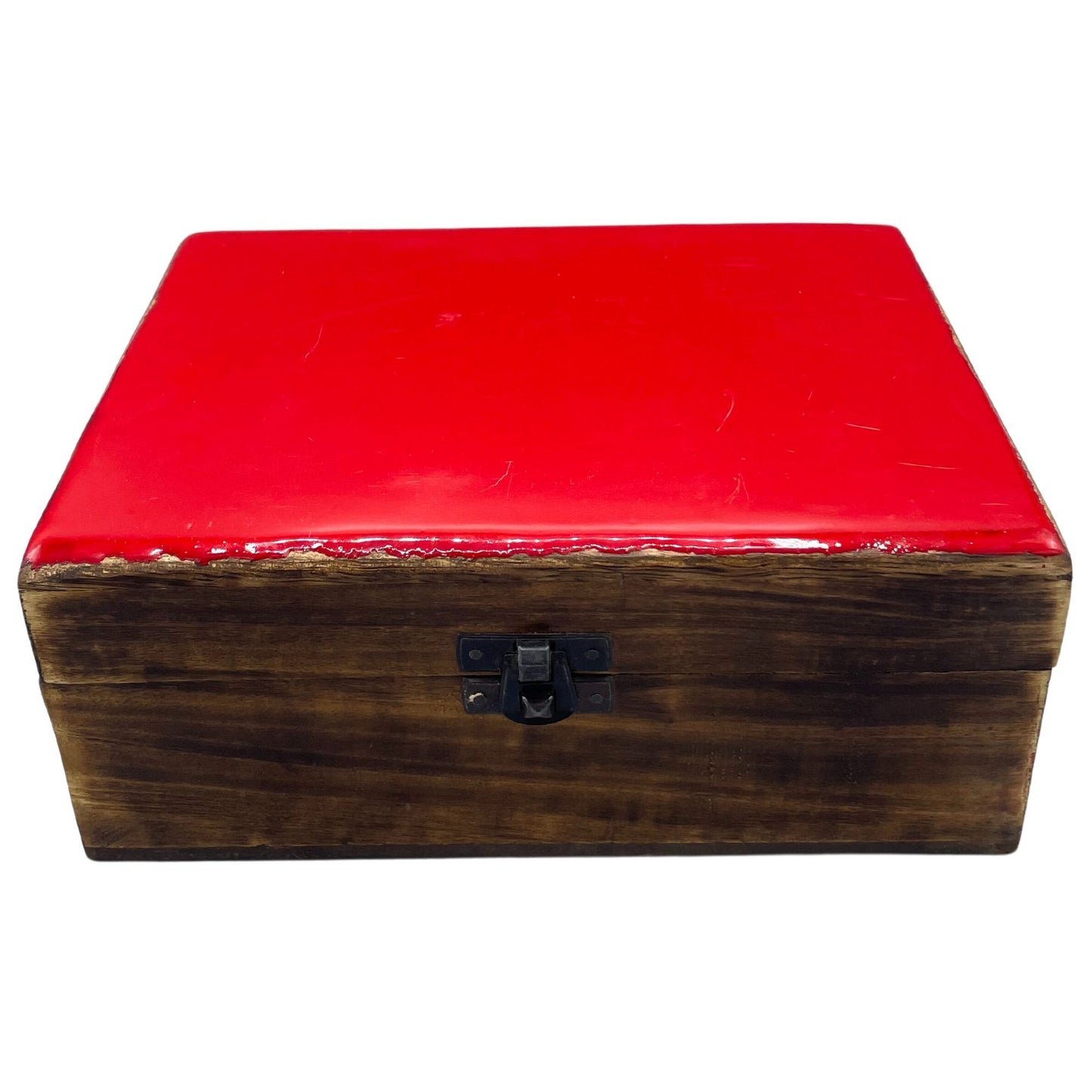 Large handcrafted mango wooden box with a red glazed ceramic lid for jewellery, crystals and keepsakes.