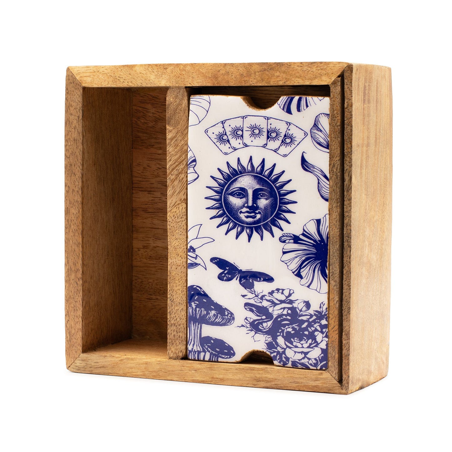 Two Section Tarot Box with Card Holder – natural wood tarot organiser with two compartments and upright card display