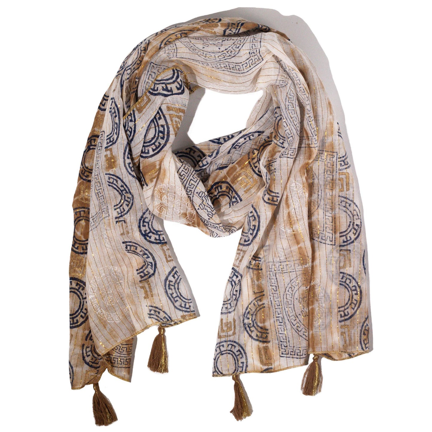 Nomad Sari Summer Marbella Print Scarf coffee with gold lightweight woven scarf