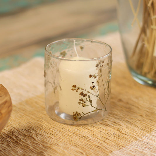 Margarita recycled glass candle holder with real pressed flowers