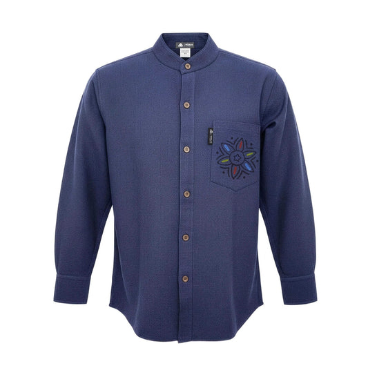 Medium indigo Nomad Sari Kathmandu cotton shirt with long sleeves, collarless neckline and sari-inspired Nepalese patterning